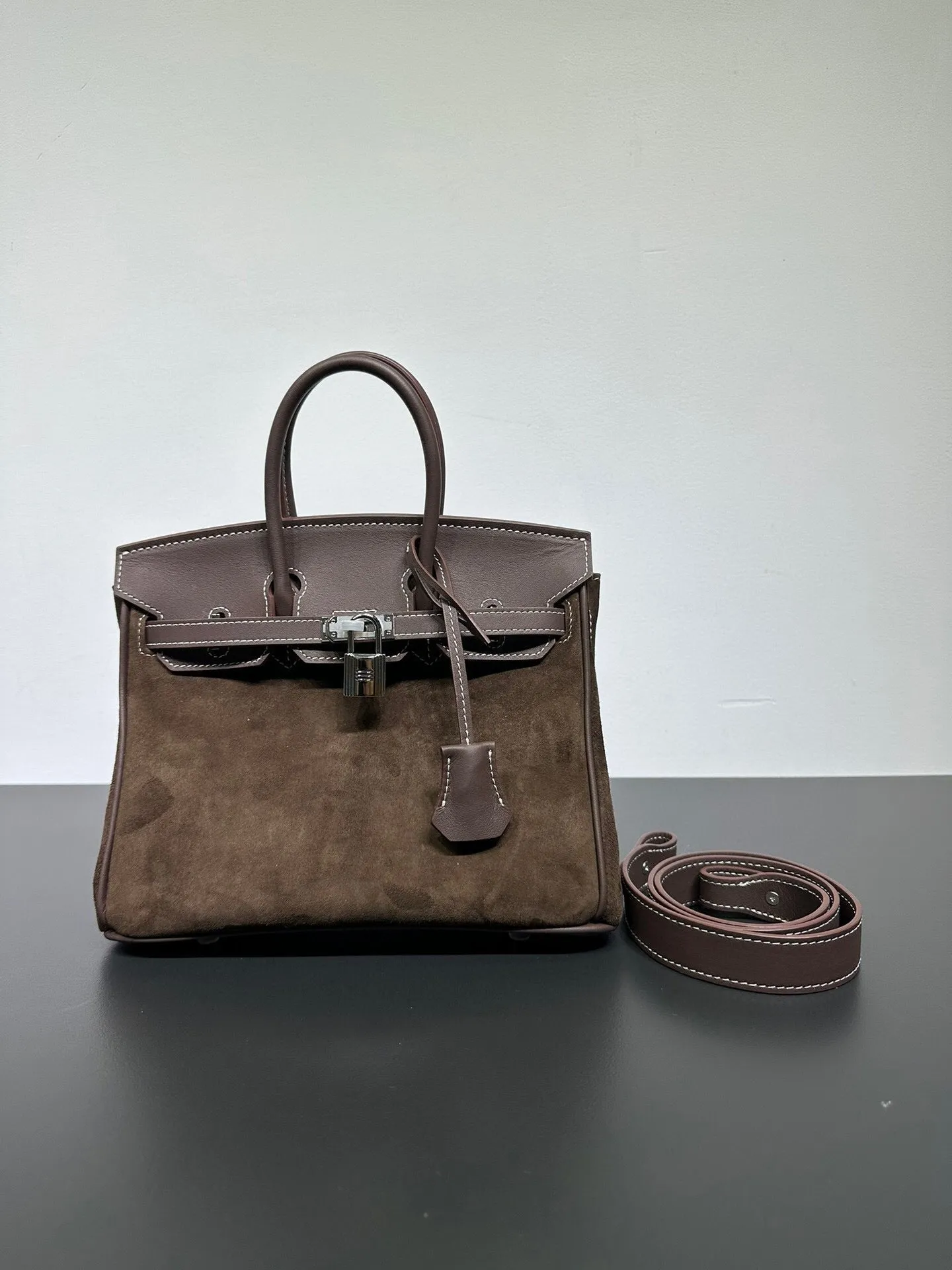 Womens Suede Leather Padlock  Top Handle Bag Brown