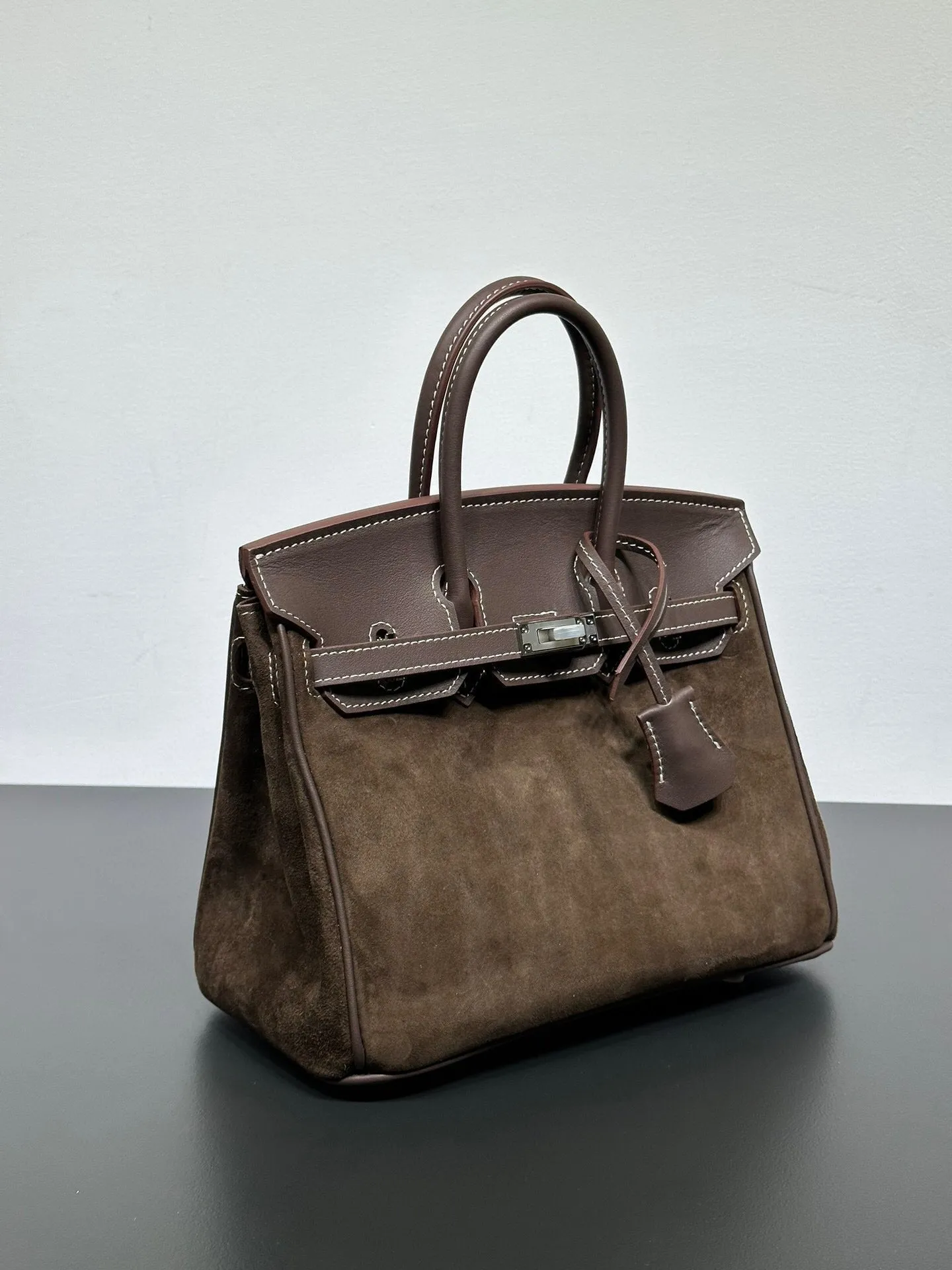 Womens Suede Leather Padlock  Top Handle Bag Brown