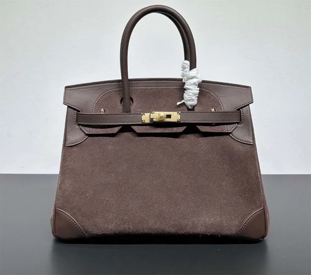 Womens Suede Leather Padlock  Top Handle Bag Brown